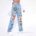 Casual Printed Ripped Plus Size Women Jeans